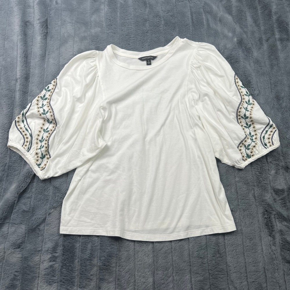 Banana Republic White Embroidered Puff Sleeve Top Small Beaded Floral Blouse